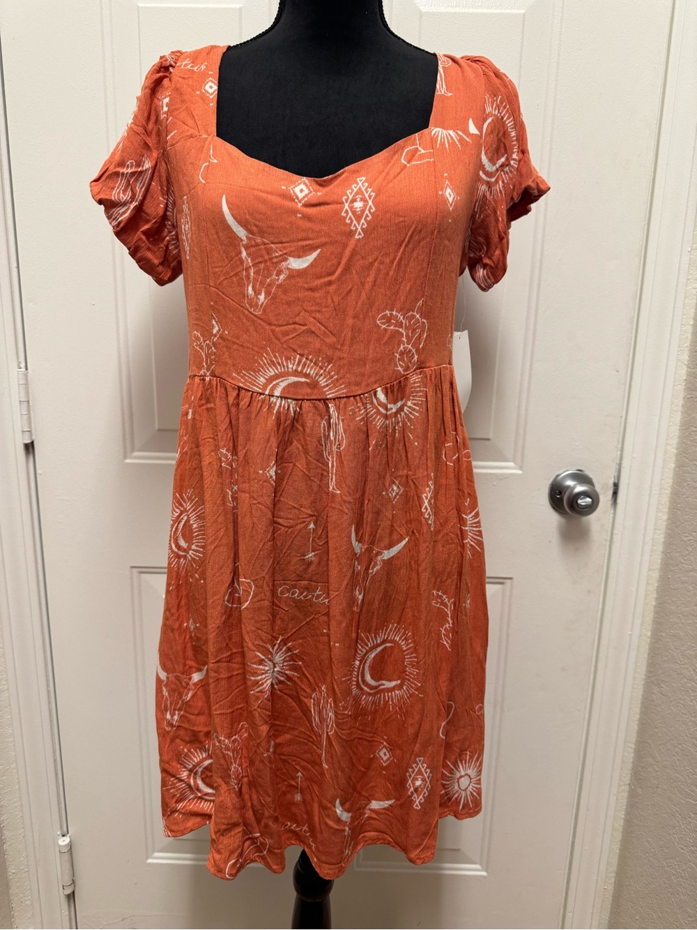 Women's Rust Orange Printed Scoop-Neck Dress